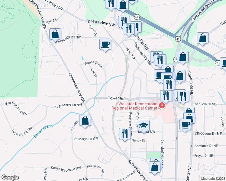 map of restaurants, bars, coffee shops, grocery stores, and more near 810 James Street Northwest in Marietta