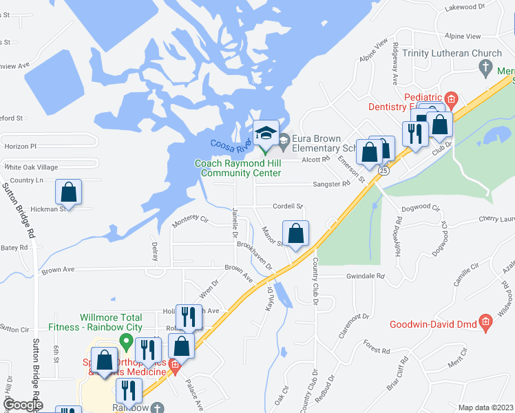 map of restaurants, bars, coffee shops, grocery stores, and more near 222 Cordell Street in Gadsden