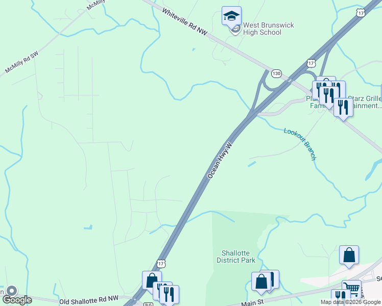 map of restaurants, bars, coffee shops, grocery stores, and more near 4413 East Coast Lane in Shallotte