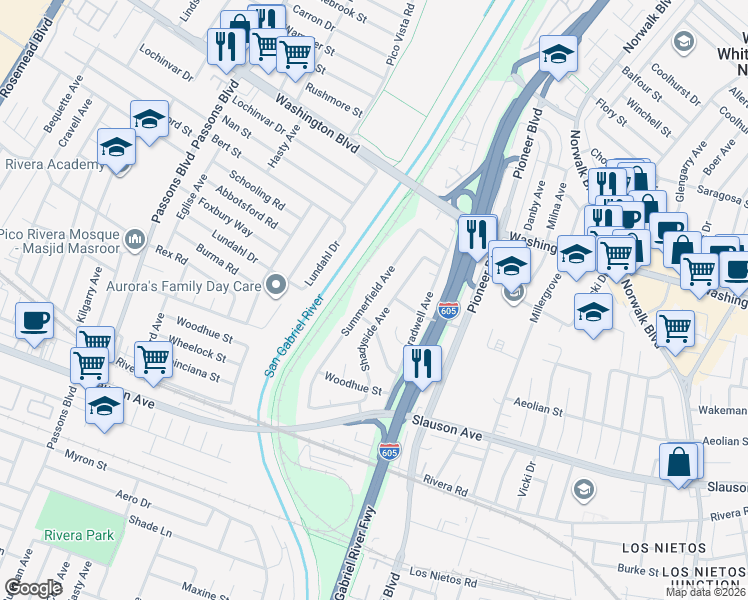 map of restaurants, bars, coffee shops, grocery stores, and more near 8242 Summerfield Avenue in Whittier