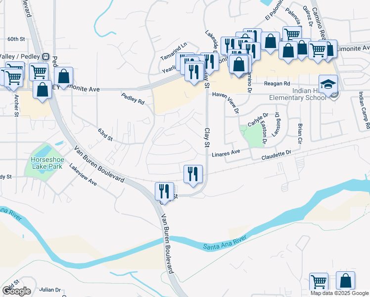 map of restaurants, bars, coffee shops, grocery stores, and more near 8217 Perada Street in Jurupa Valley