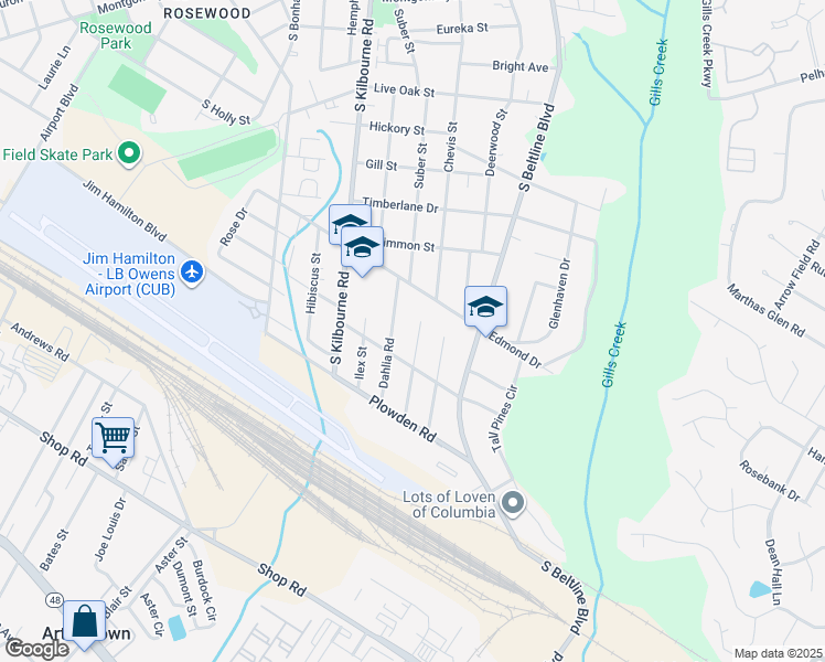 map of restaurants, bars, coffee shops, grocery stores, and more near 1437 Aralia Drive in Columbia