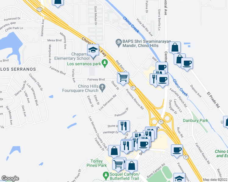 map of restaurants, bars, coffee shops, grocery stores, and more near 15537 Pheasant Street in Chino Hills