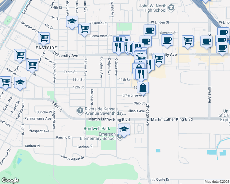 map of restaurants, bars, coffee shops, grocery stores, and more near 1883 12th Street in Riverside
