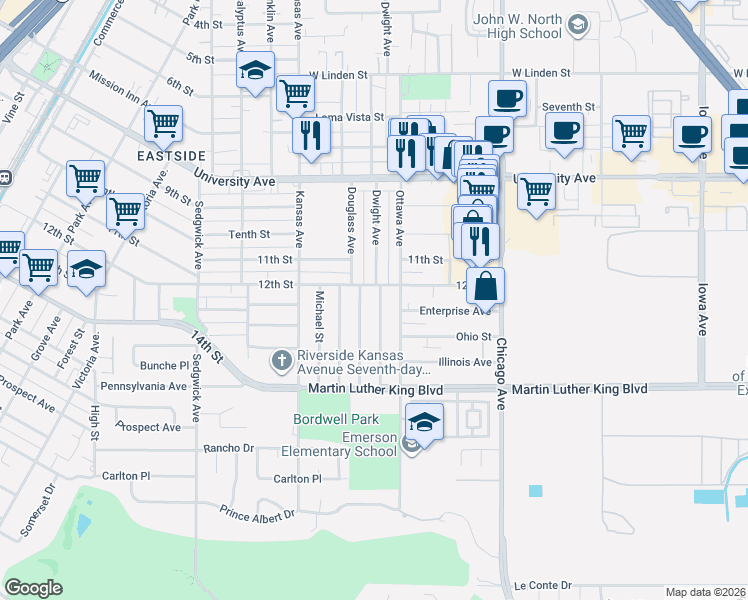 map of restaurants, bars, coffee shops, grocery stores, and more near 4187 Dwight Avenue in Riverside