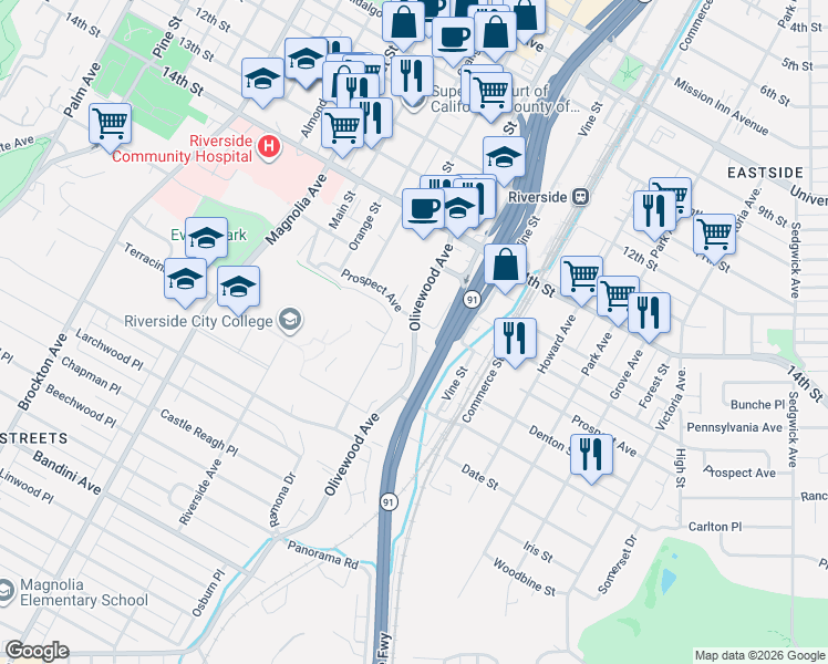 map of restaurants, bars, coffee shops, grocery stores, and more near 3431 Prospect Avenue in Riverside