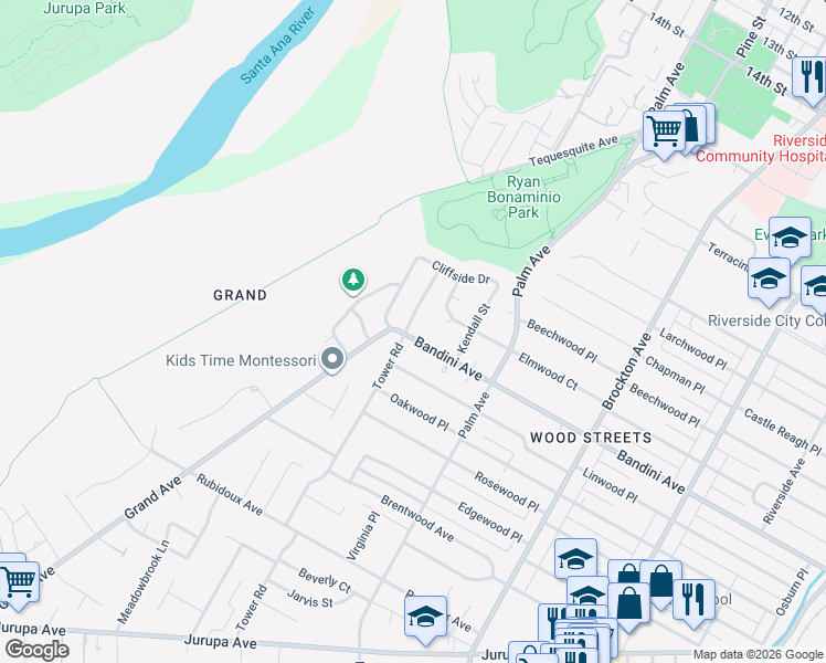 map of restaurants, bars, coffee shops, grocery stores, and more near 5325 Tower Road in Riverside
