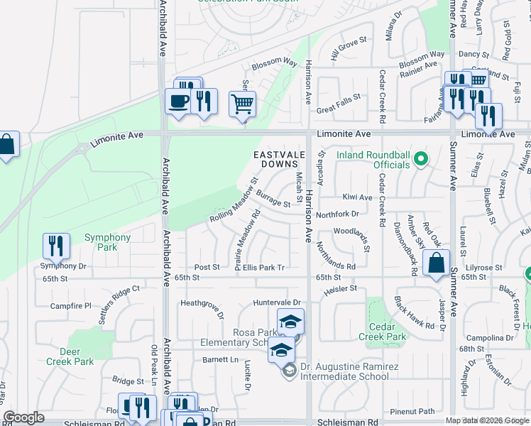 map of restaurants, bars, coffee shops, grocery stores, and more near 6383 Golden Bit Street in Corona