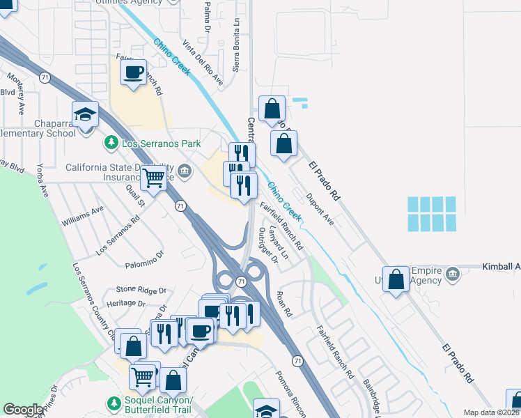 map of restaurants, bars, coffee shops, grocery stores, and more near 15450 Fairfield Ranch Road in Chino Hills