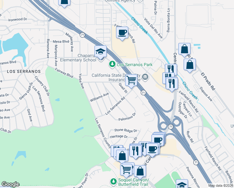 map of restaurants, bars, coffee shops, grocery stores, and more near 15492 Pheasant Street in Chino Hills