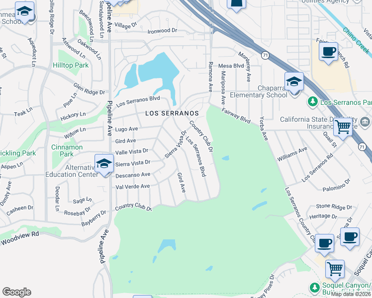 map of restaurants, bars, coffee shops, grocery stores, and more near 4426 Los Serranos Boulevard in Chino Hills