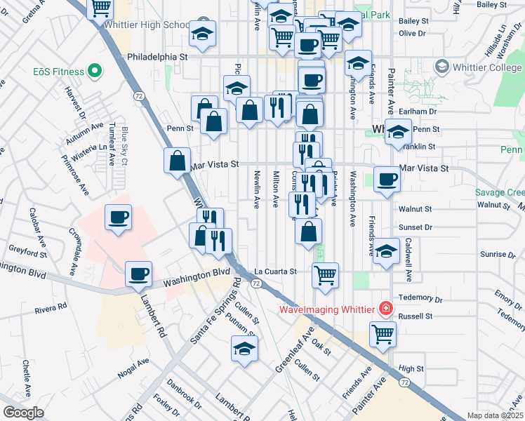 map of restaurants, bars, coffee shops, grocery stores, and more near 7655 Newlin Avenue in Whittier