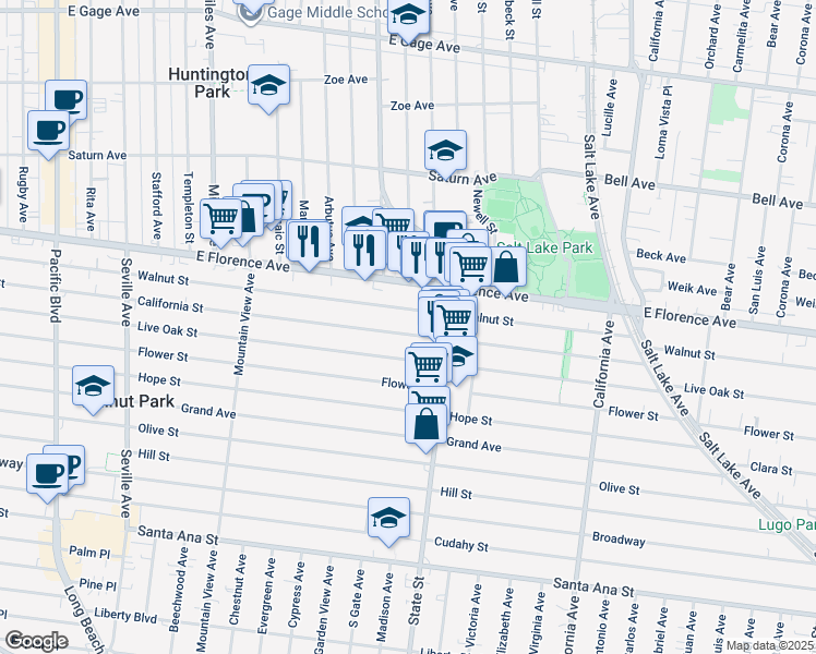 map of restaurants, bars, coffee shops, grocery stores, and more near 3109 Walnut Street in Huntington Park