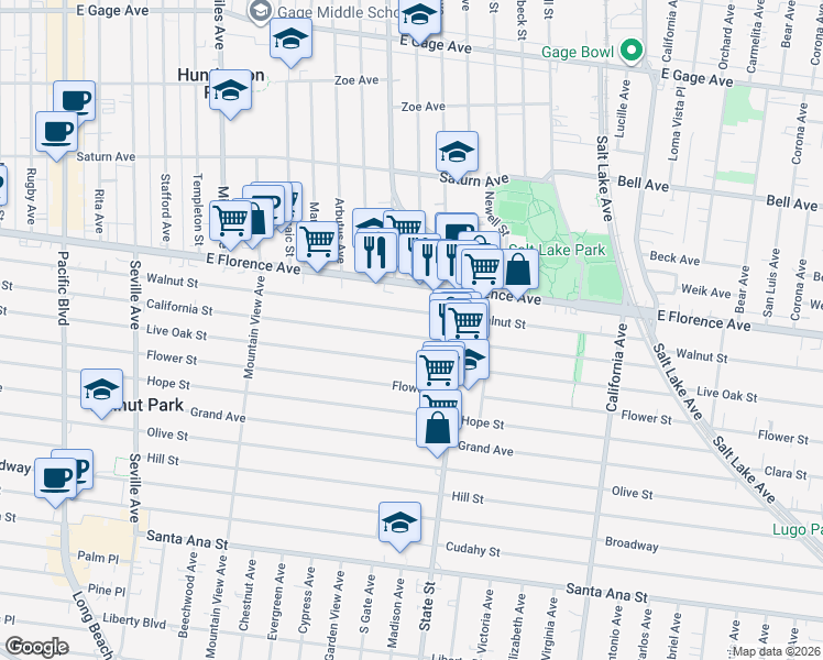 map of restaurants, bars, coffee shops, grocery stores, and more near 3109 Walnut Street in Huntington Park