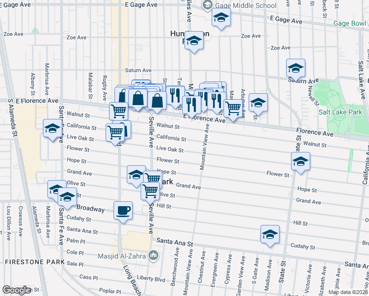 map of restaurants, bars, coffee shops, grocery stores, and more near 2815 California Street in Huntington Park