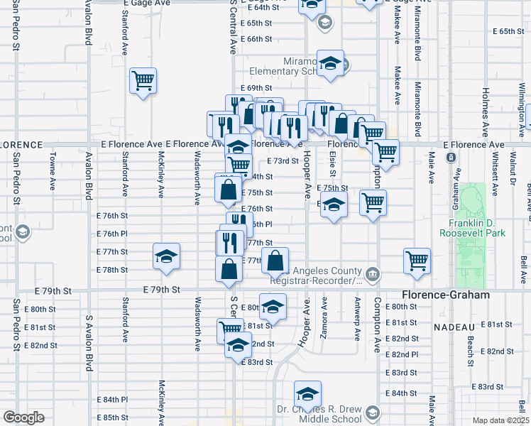 map of restaurants, bars, coffee shops, grocery stores, and more near 1210 East 75th Street in Los Angeles