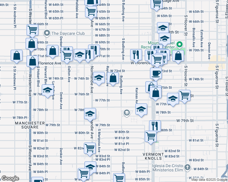 map of restaurants, bars, coffee shops, grocery stores, and more near 1235 West 75th Street in Los Angeles