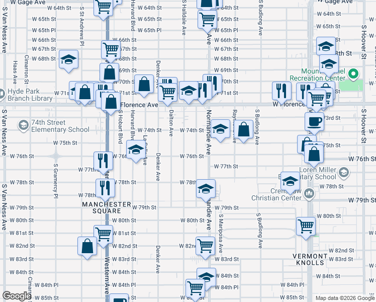 map of restaurants, bars, coffee shops, grocery stores, and more near 7422 South Halldale Avenue in Los Angeles
