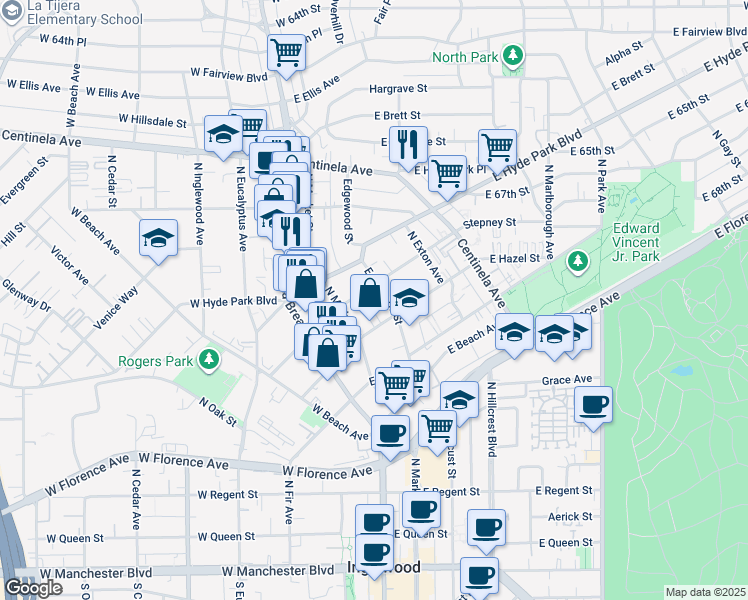 map of restaurants, bars, coffee shops, grocery stores, and more near 226 East Hyde Park Boulevard in Inglewood