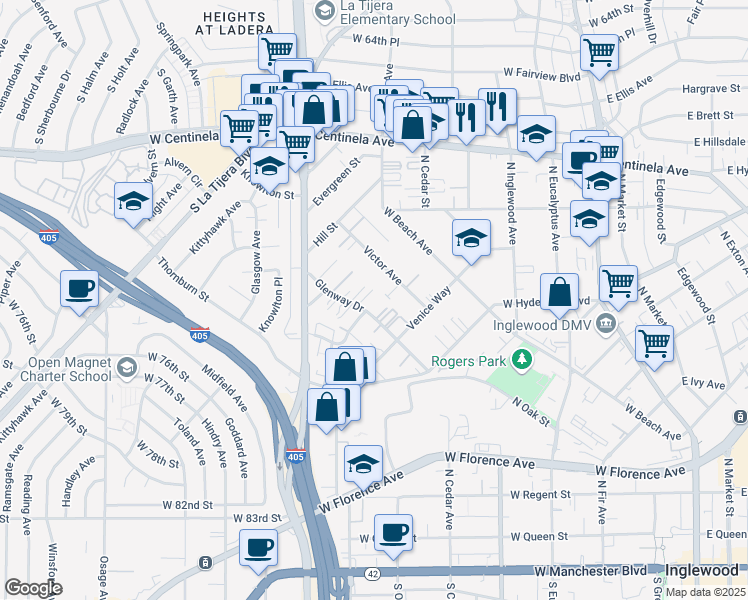 map of restaurants, bars, coffee shops, grocery stores, and more near 846 Victor Avenue in Inglewood