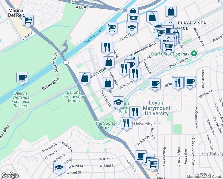 map of restaurants, bars, coffee shops, grocery stores, and more near 13080 Pacific Promenade in Los Angeles