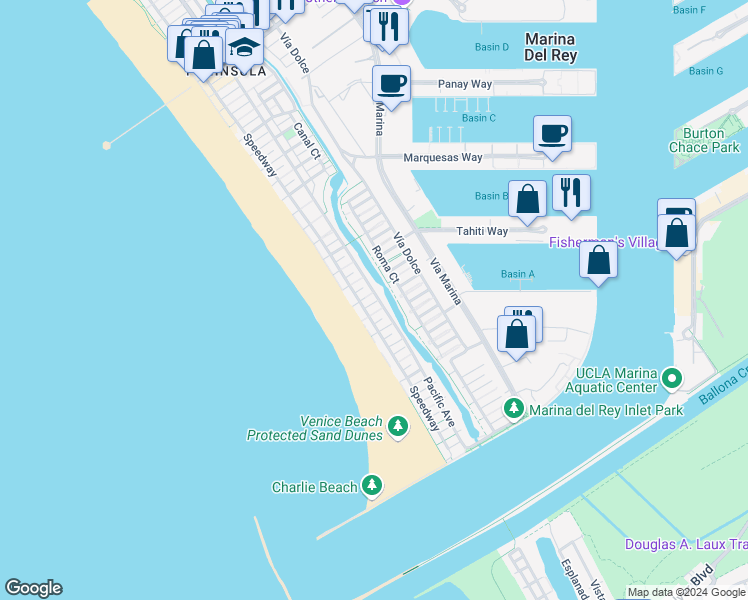 map of restaurants, bars, coffee shops, grocery stores, and more near 41 Outrigger Street in Marina del Rey