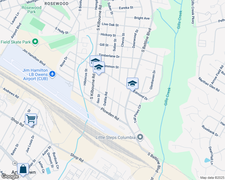 map of restaurants, bars, coffee shops, grocery stores, and more near 1430 Dahlia Road in Columbia