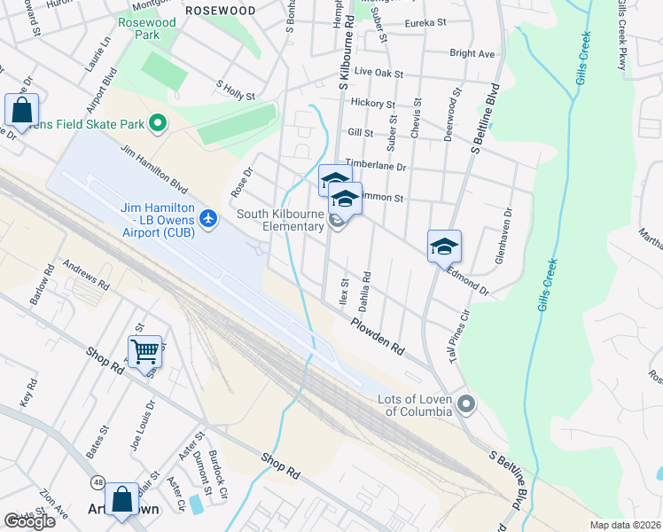 map of restaurants, bars, coffee shops, grocery stores, and more near 1447 Ilex Street in Columbia