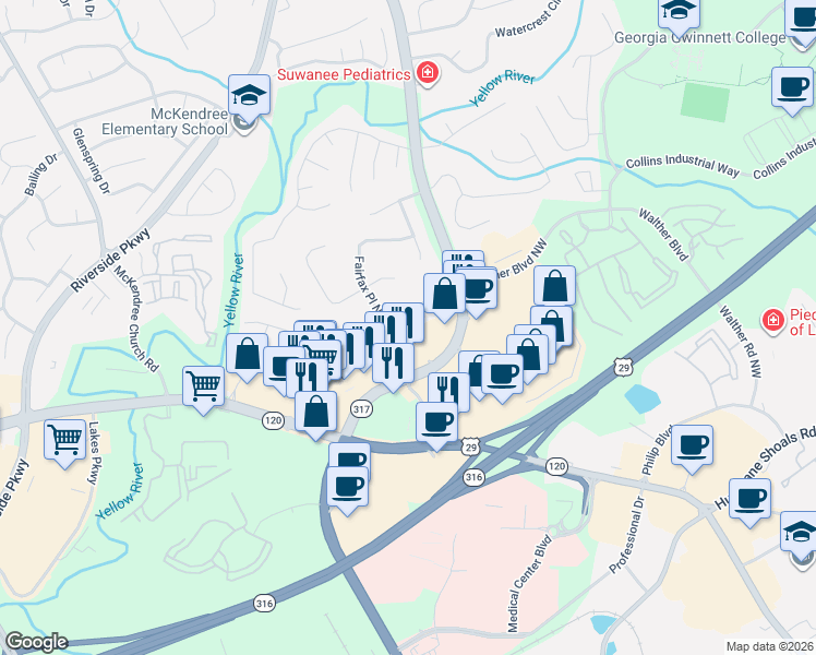 map of restaurants, bars, coffee shops, grocery stores, and more near 955 Fairfax Place Northwest in Lawrenceville