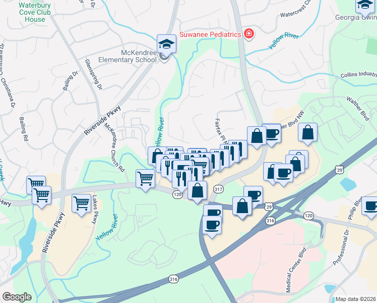 map of restaurants, bars, coffee shops, grocery stores, and more near 1220 River Overlook Drive Northwest in Lawrenceville