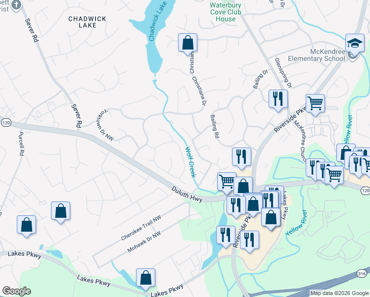 map of restaurants, bars, coffee shops, grocery stores, and more near 1277 Raleigh Way Northwest in Lawrenceville