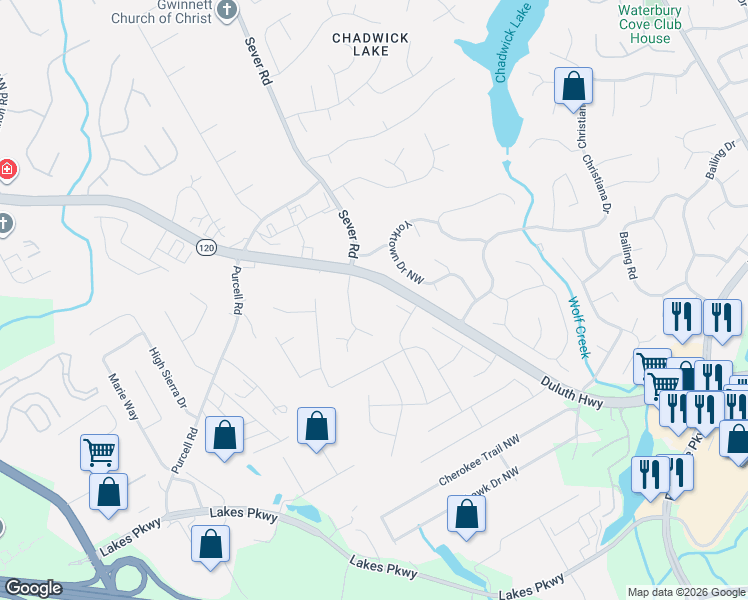 map of restaurants, bars, coffee shops, grocery stores, and more near 1374 Georgia 120 in Lawrenceville