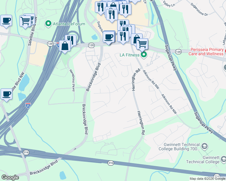 map of restaurants, bars, coffee shops, grocery stores, and more near 1805 Danielle Place in Lawrenceville