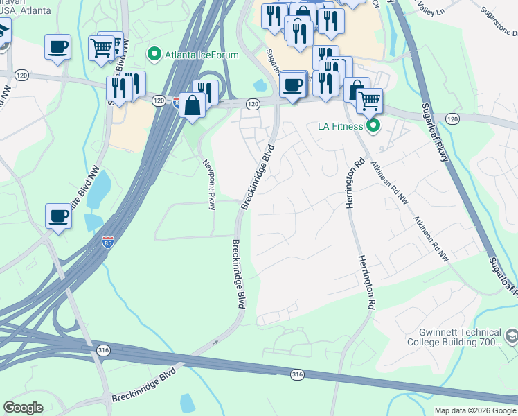 map of restaurants, bars, coffee shops, grocery stores, and more near 48 Ramblewood Trail in Lawrenceville