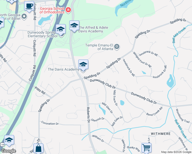 map of restaurants, bars, coffee shops, grocery stores, and more near 1480 Spalding Drive in Atlanta