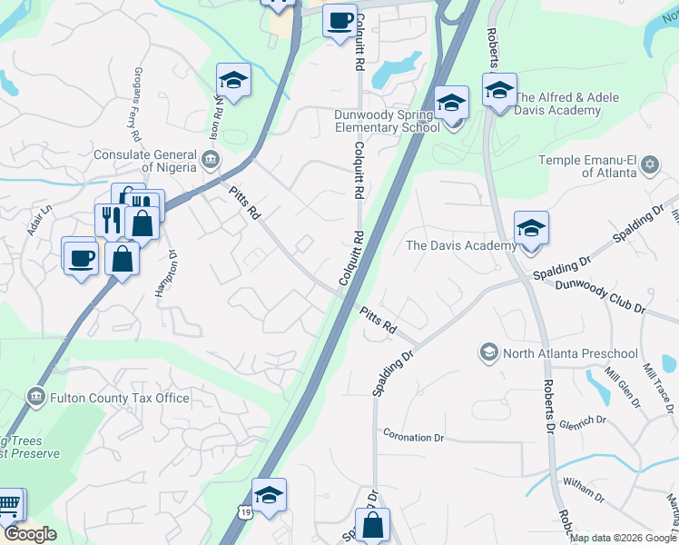 map of restaurants, bars, coffee shops, grocery stores, and more near 7930 Colquitt Road in Atlanta