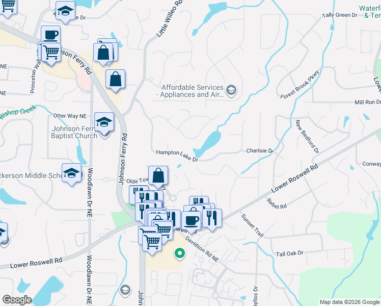 map of restaurants, bars, coffee shops, grocery stores, and more near 4922 Lakeland Drive in Marietta
