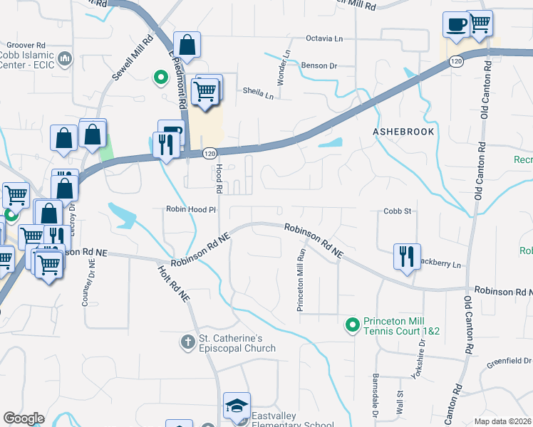 map of restaurants, bars, coffee shops, grocery stores, and more near 2587 Weddington Ridge Northeast in Marietta