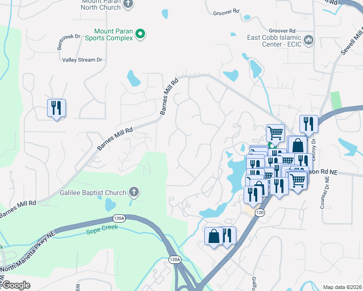 map of restaurants, bars, coffee shops, grocery stores, and more near 789 Oak Trail Drive in Marietta