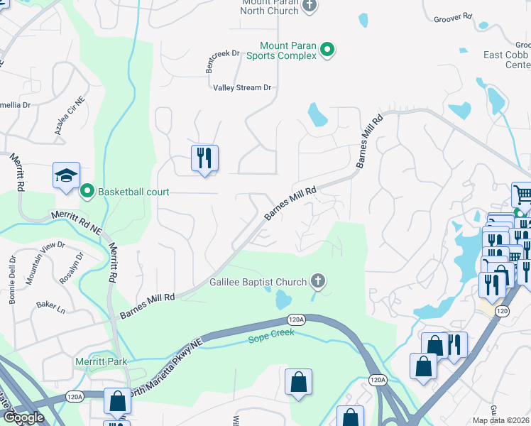 map of restaurants, bars, coffee shops, grocery stores, and more near 1692 Cedar Bluff Way in Marietta