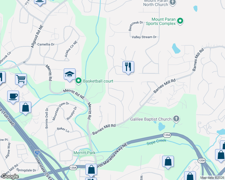 map of restaurants, bars, coffee shops, grocery stores, and more near 1416 Soaring Pointe in Marietta