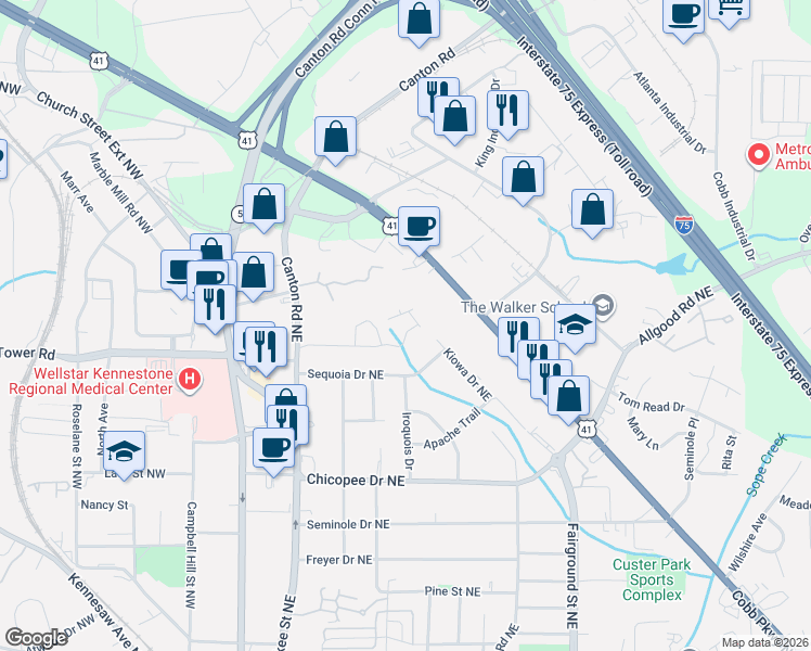 map of restaurants, bars, coffee shops, grocery stores, and more near 895 Cobb Parkway North in Marietta