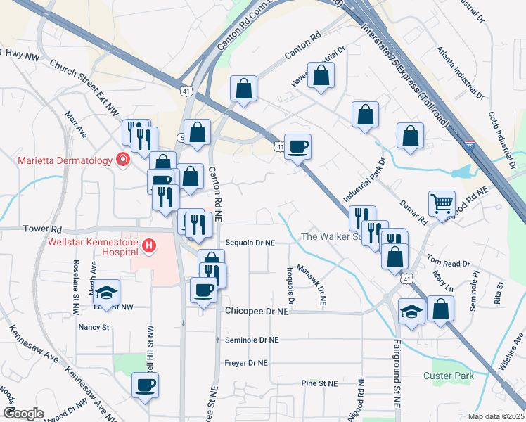 map of restaurants, bars, coffee shops, grocery stores, and more near 913 Cobb Parkway North in Marietta