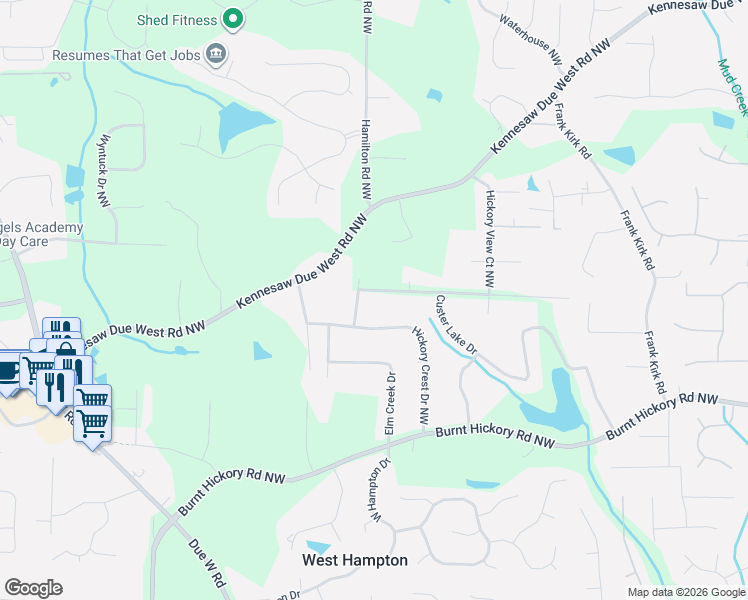 map of restaurants, bars, coffee shops, grocery stores, and more near 3600 Hickory View Drive Northwest in Marietta