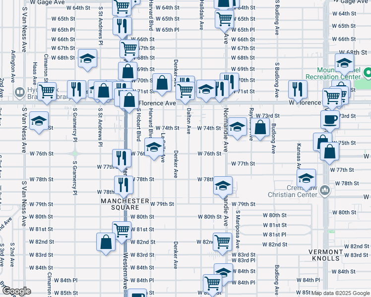 map of restaurants, bars, coffee shops, grocery stores, and more near 7523 Dalton Avenue in Los Angeles