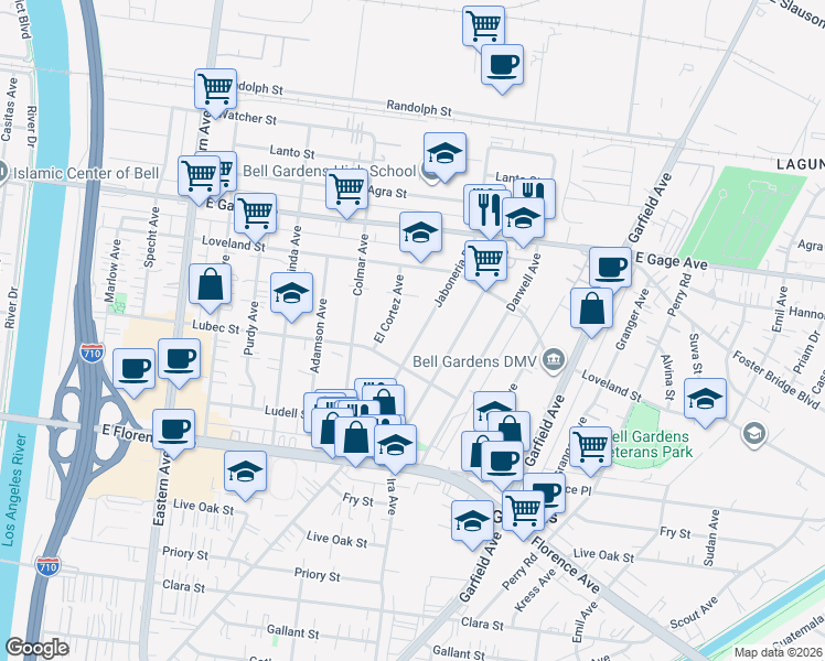 map of restaurants, bars, coffee shops, grocery stores, and more near 6555 Jaboneria Road in Bell Gardens
