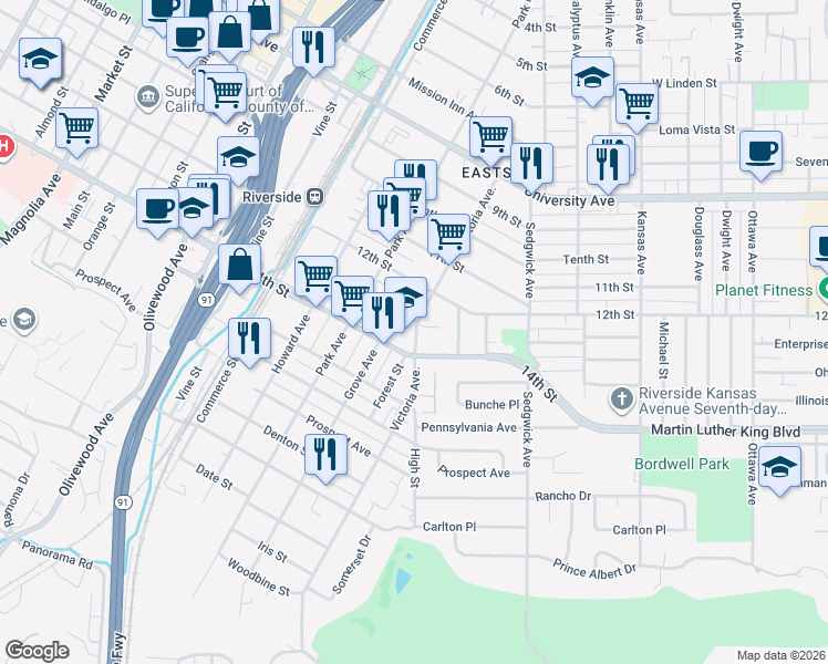 map of restaurants, bars, coffee shops, grocery stores, and more near 4341 Victoria Avenue in Riverside