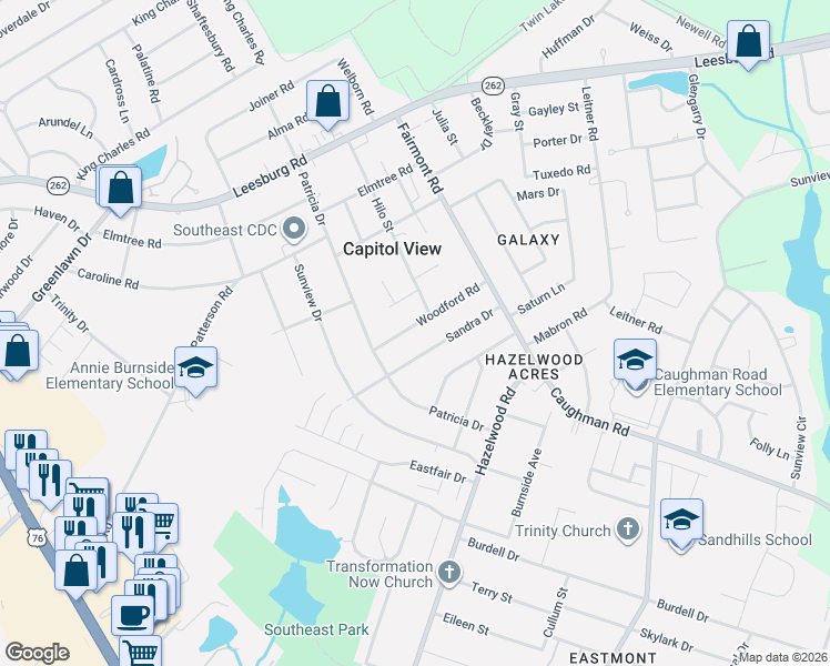 map of restaurants, bars, coffee shops, grocery stores, and more near 1703 Woodford Road in Columbia