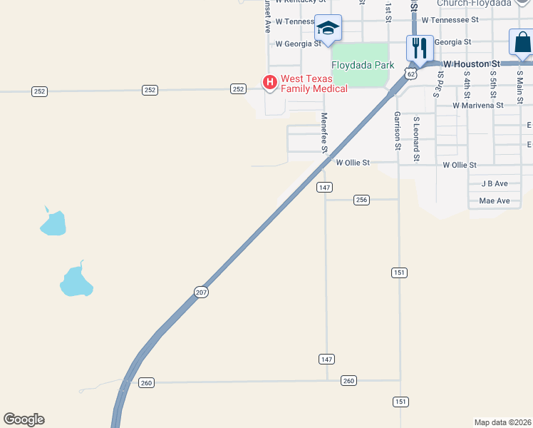 map of restaurants, bars, coffee shops, grocery stores, and more near 1226 South Ralls Highway in Floydada