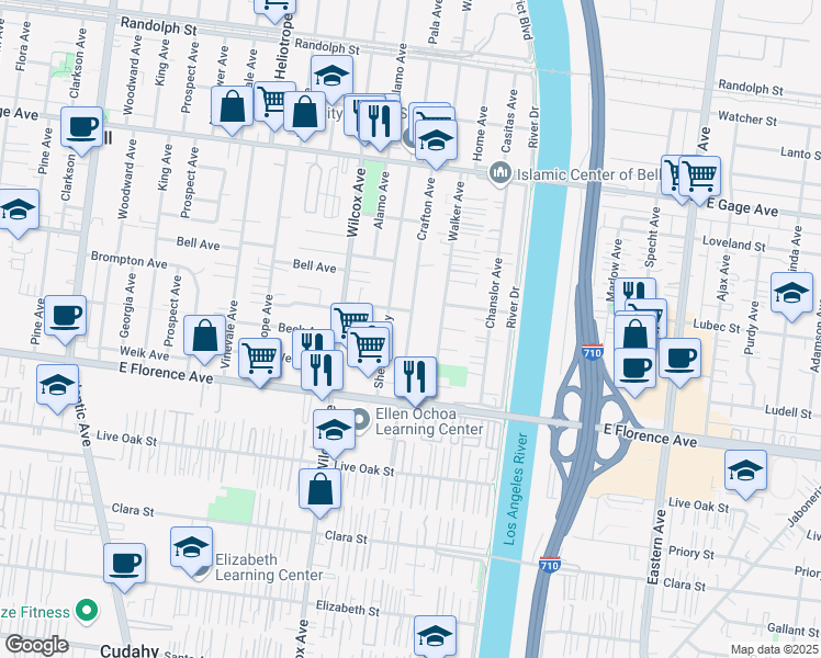 map of restaurants, bars, coffee shops, grocery stores, and more near 6833 Crafton Avenue in Bell